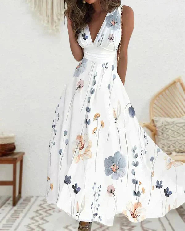 Women's Maxi Dress - V-Neck A-Line - Flowing Lightweight Fabric - Floral Pattern