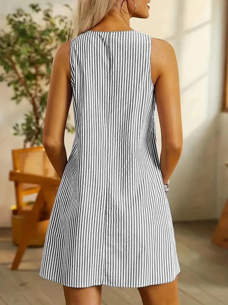Women's Sleeveless Dress - Striped A-Line - Buttoned Straps & Patch Pockets - Knee-Length