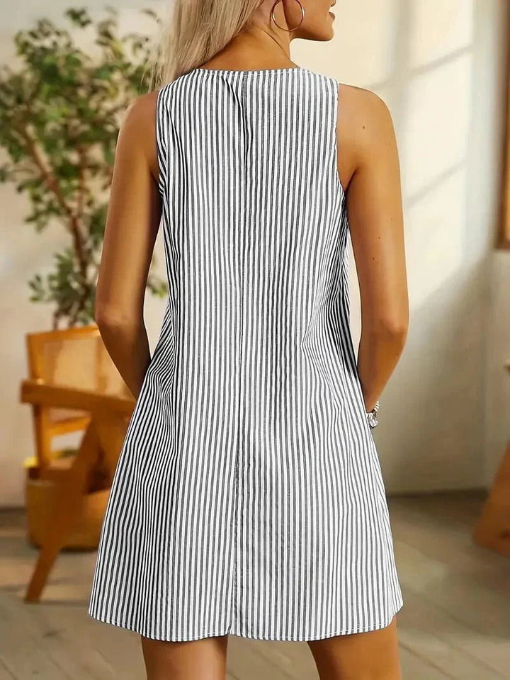 Women's Sleeveless Dress - Striped A-Line - Buttoned Straps & Patch Pockets - Knee-Length