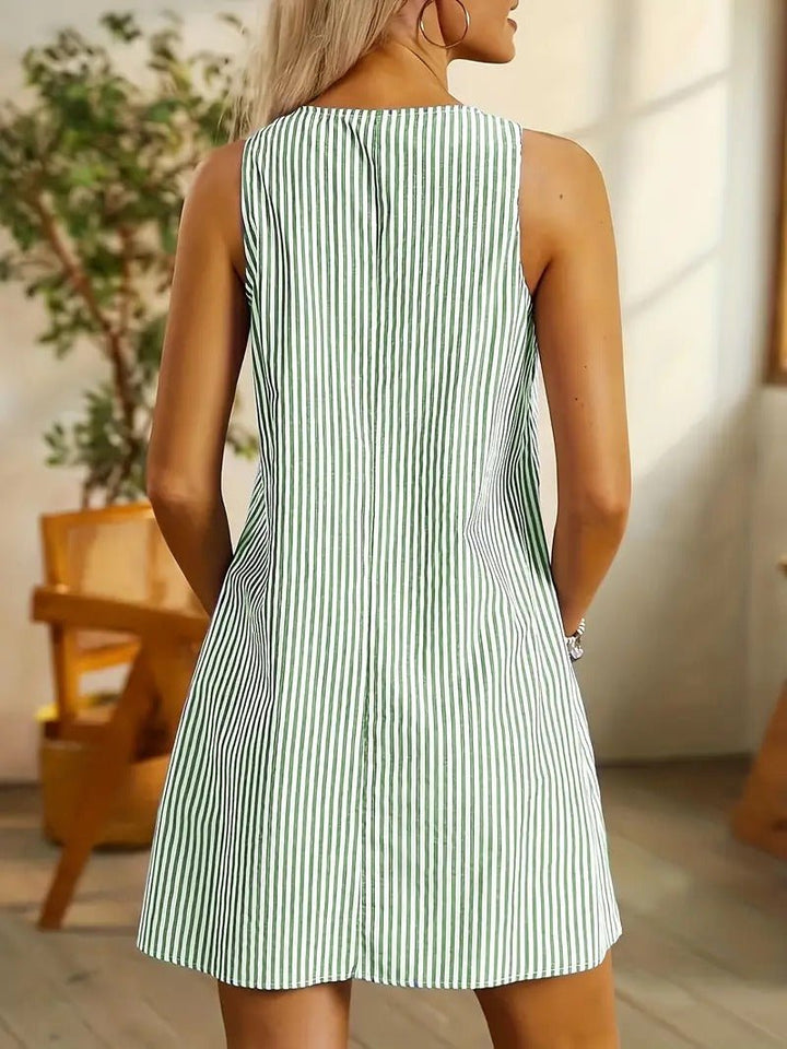Women's Sleeveless Dress - Striped A-Line - Buttoned Straps & Patch Pockets - Knee-Length