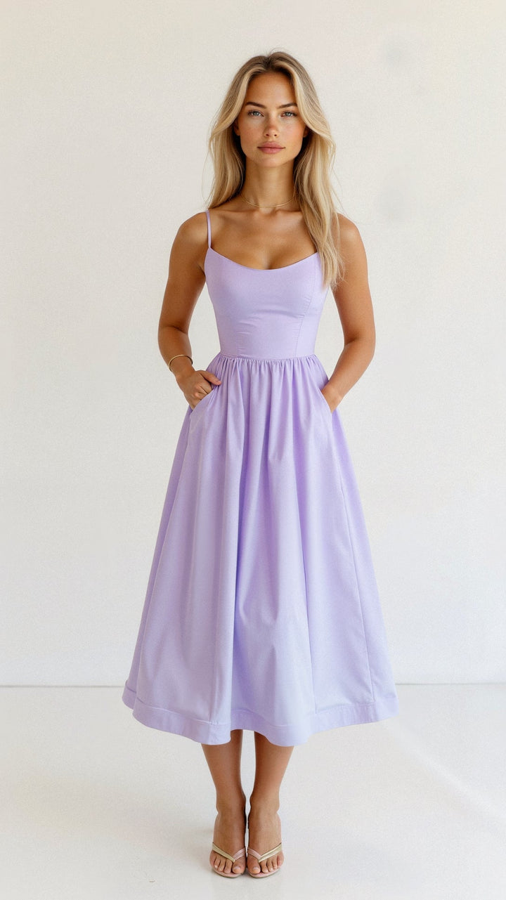 Women's Midi Dress - A-Line Silhouette - Spaghetti Straps - Elegant Flowing Design
