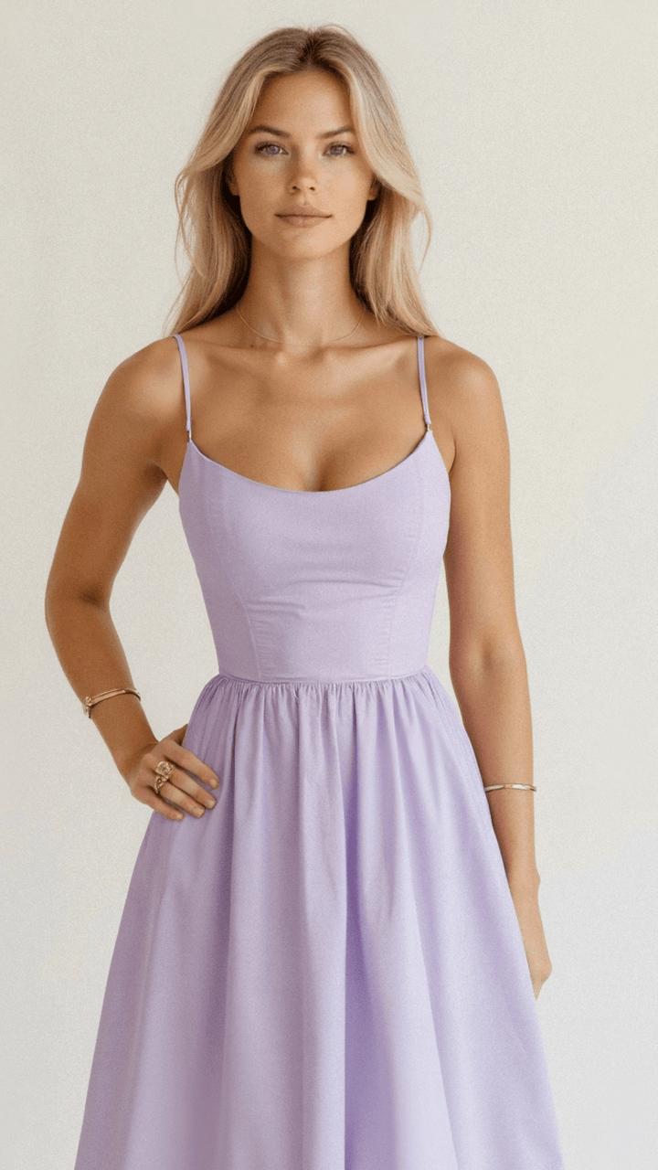 Women's Midi Dress - A-Line Silhouette - Spaghetti Straps - Elegant Flowing Design