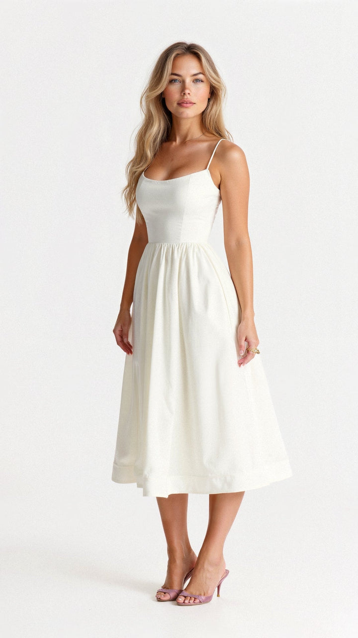 Women's Midi Dress - A-Line Silhouette - Spaghetti Straps - Elegant Flowing Design