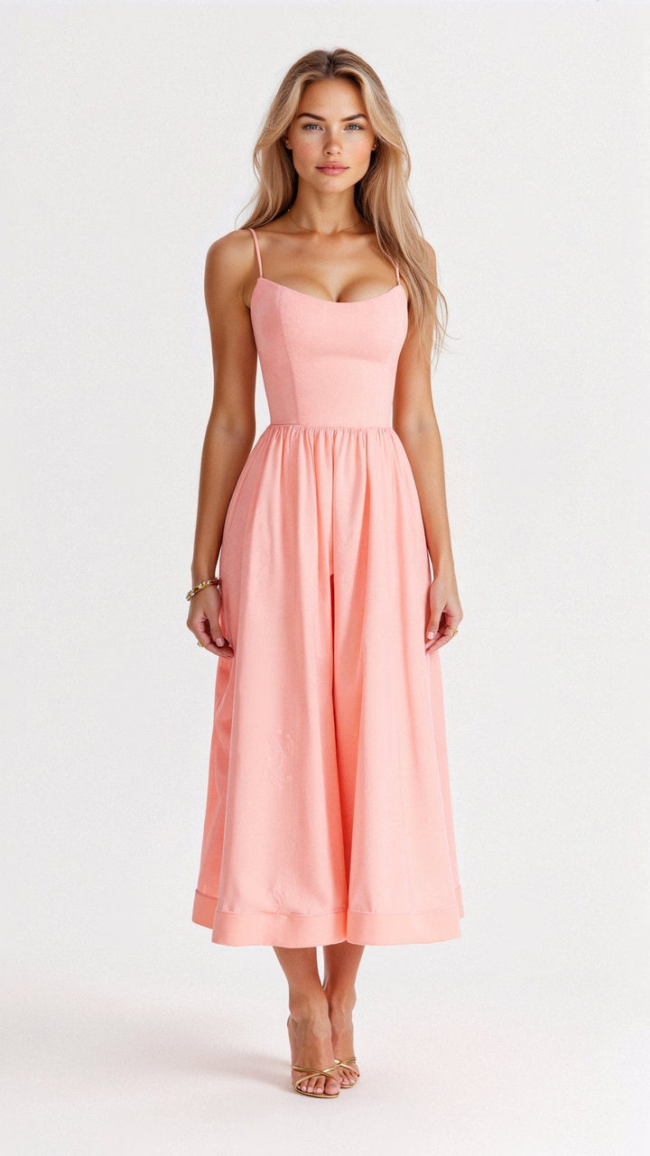 Women's Midi Dress - A-Line Silhouette - Spaghetti Straps - Elegant Flowing Design