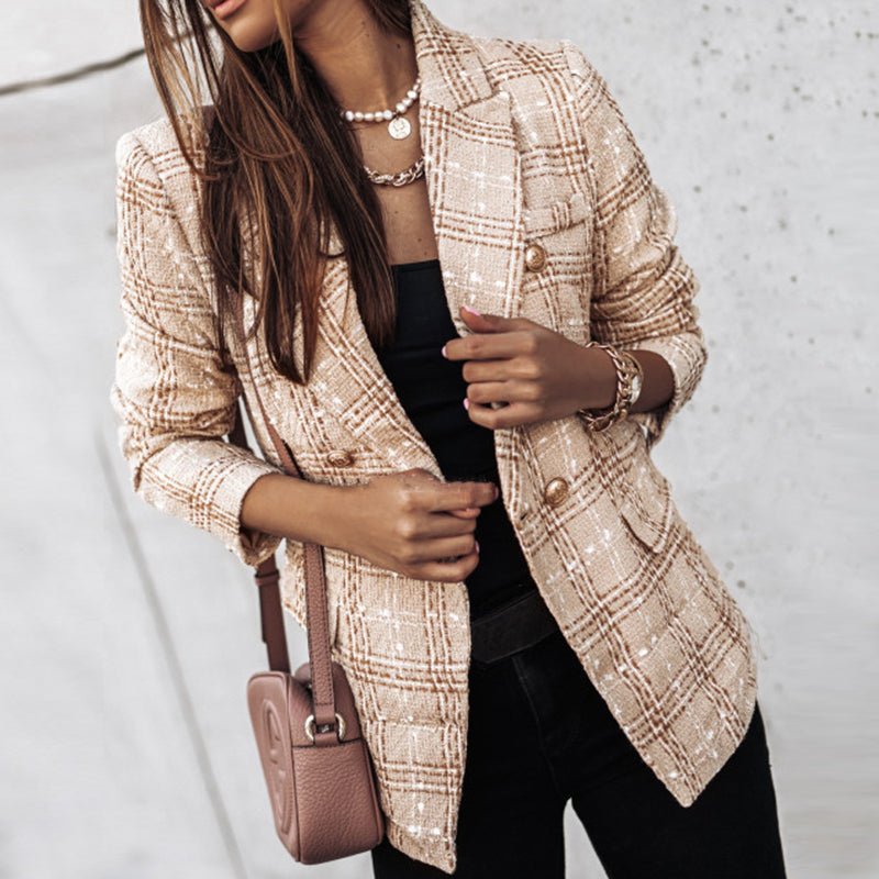Women's Tweed Blazer - Double-Breasted - Tailored Fit - Plaid Check Pattern