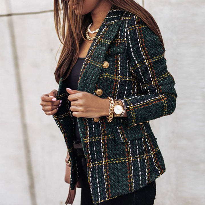 Women's Tweed Blazer - Double-Breasted - Tailored Fit - Plaid Check Pattern