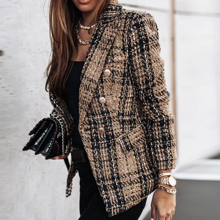 Women's Tweed Blazer - Double-Breasted - Tailored Fit - Plaid Check Pattern