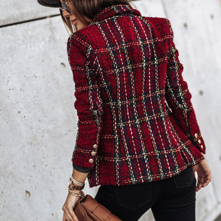 Women's Tweed Blazer - Double-Breasted - Tailored Fit - Plaid Check Pattern
