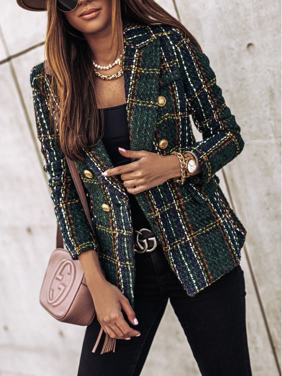Women's Tweed Blazer - Double-Breasted - Tailored Fit - Plaid Check Pattern