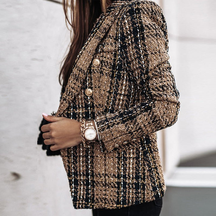 Women's Tweed Blazer - Double-Breasted - Tailored Fit - Plaid Check Pattern