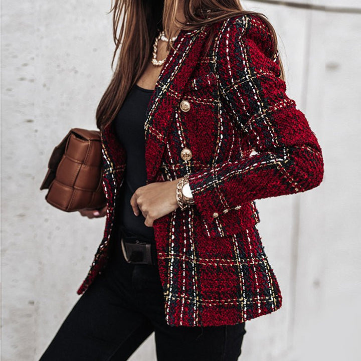 Women's Tweed Blazer - Double-Breasted - Tailored Fit - Plaid Check Pattern