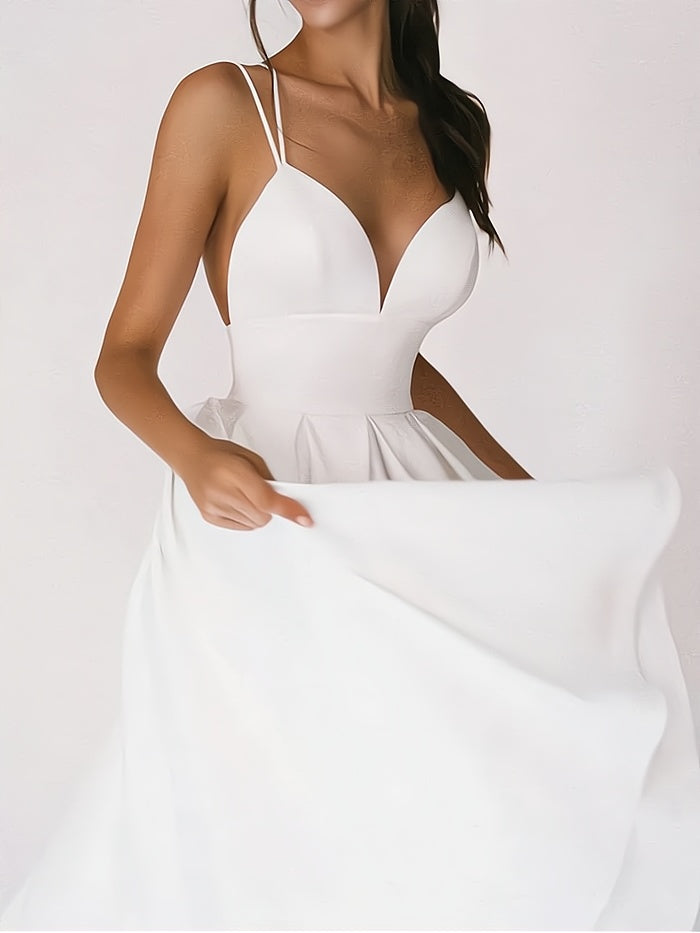 Women's Formal Dress - Satin Fabric - V-Neckline - Spaghetti Straps - Floor-Length Elegant Fit