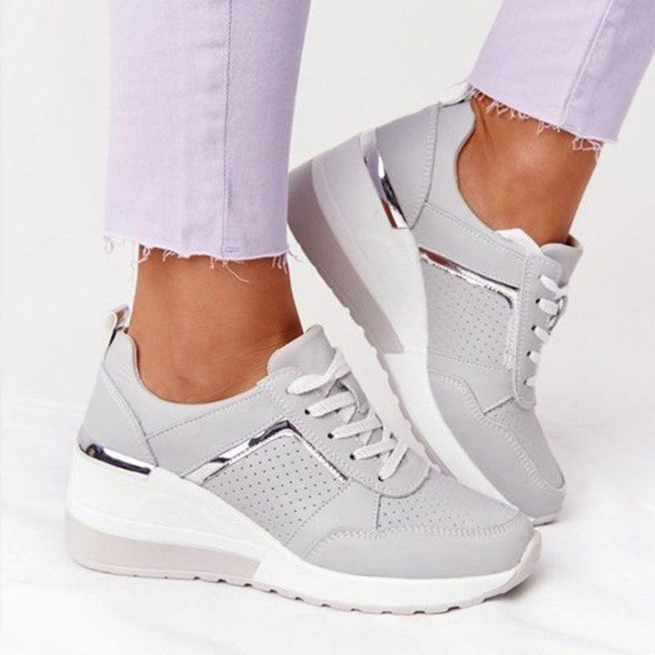 Women’s Wedge Sneakers – Perforated Detailing – Lace-Up – Platform Sole – Casual Comfort