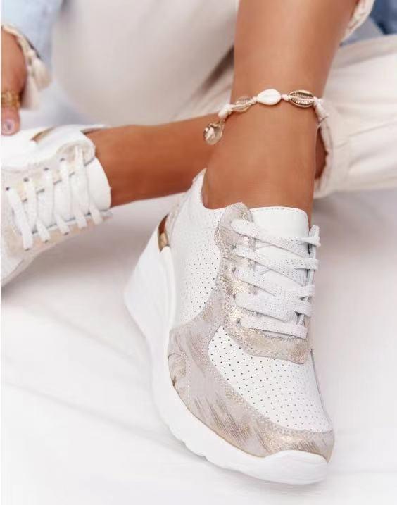 Women’s Wedge Sneakers – Perforated Detailing – Lace-Up – Platform Sole – Casual Comfort