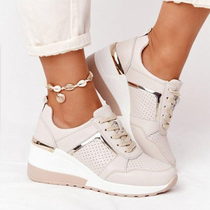 Women’s Wedge Sneakers – Perforated Detailing – Lace-Up – Platform Sole – Casual Comfort