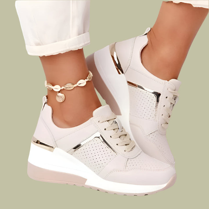 Women’s Wedge Sneakers – Breathable Panels – Metallic Detail – Ankle Height – Casual Fit