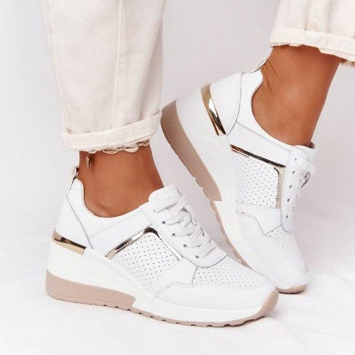 Women’s Wedge Sneakers – Perforated Detailing – Lace-Up – Platform Sole – Casual Comfort