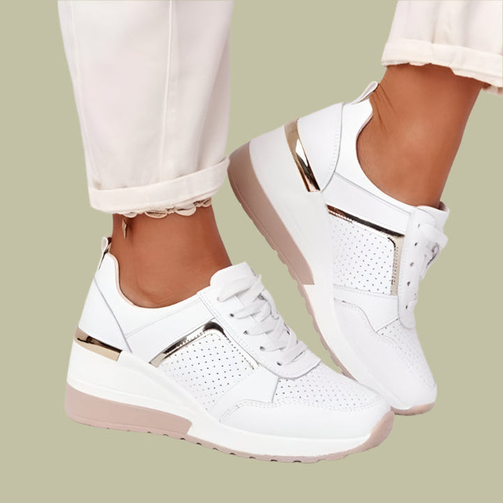 Women’s Wedge Sneakers – Breathable Panels – Metallic Detail – Ankle Height – Casual Fit
