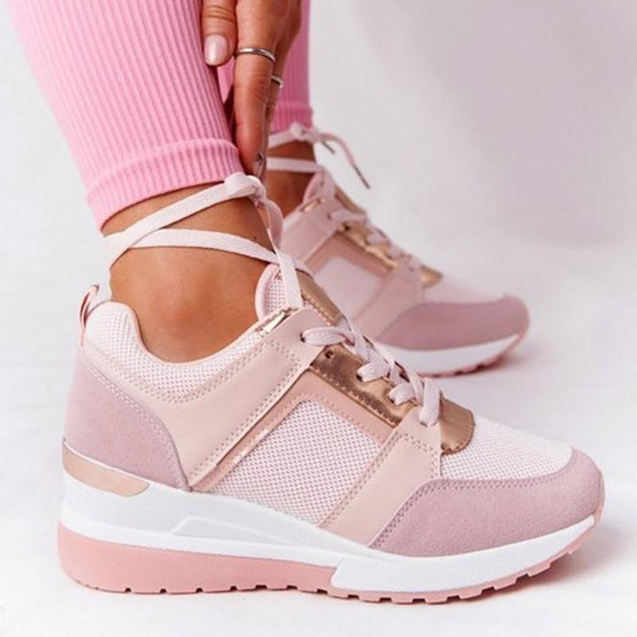 Women’s Wedge Sneakers – Perforated Detailing – Lace-Up – Platform Sole – Casual Comfort