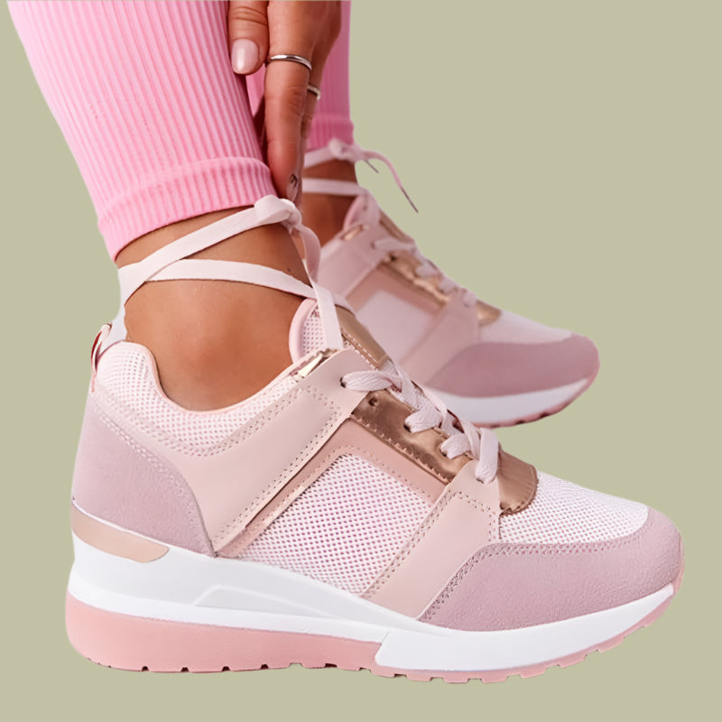 Women’s Wedge Sneakers – Breathable Panels – Metallic Detail – Ankle Height – Casual Fit