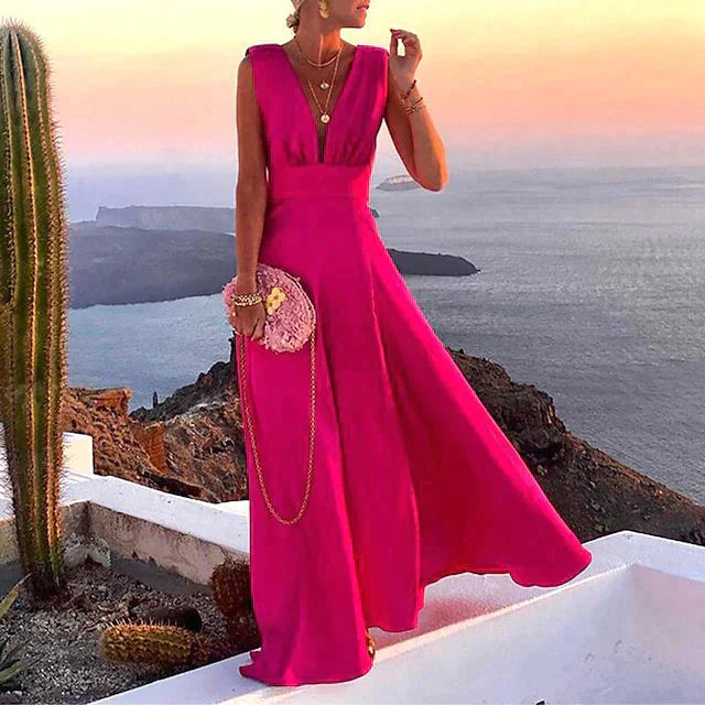 Women’s Maxi Dress – Sleeveless Flowy Fit – Deep V-Neck – Breathable Blend – Floral Print