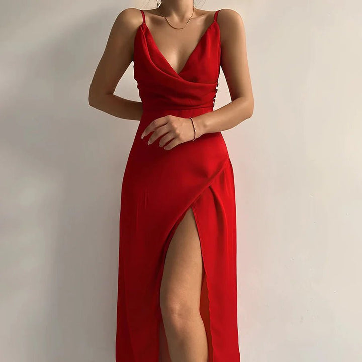 Women's Spaghetti Strap Dress - V-Neck Fitted Waist - High Slit Elegant Evening Wear