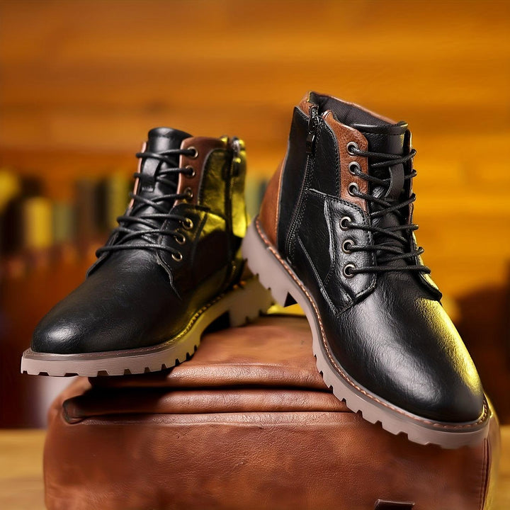 Men’s Leather Ankle Boots – Lace-Up with Zipper – Rugged Rubber Sole – Casual Durable Fit