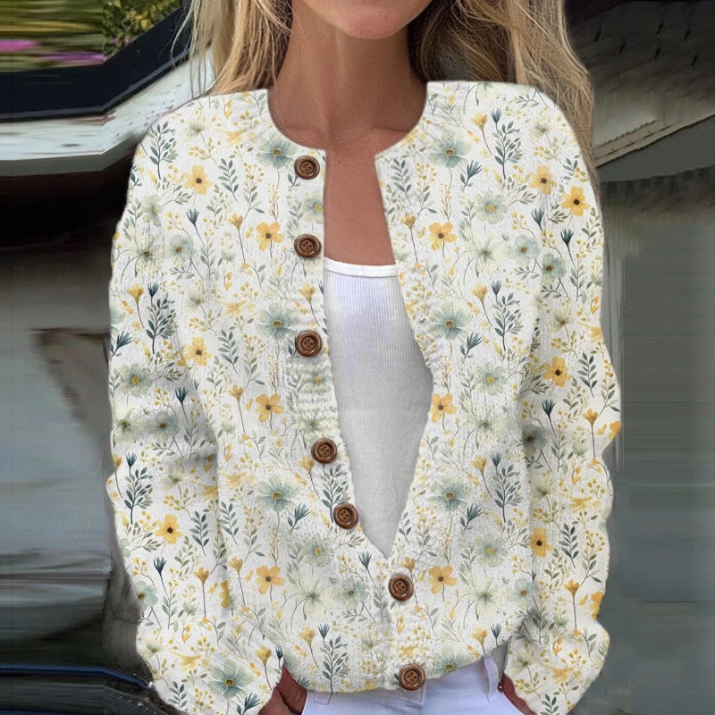 Women's Knitted Cardigan - Floral Pattern - Button-Down - Relaxed Fit