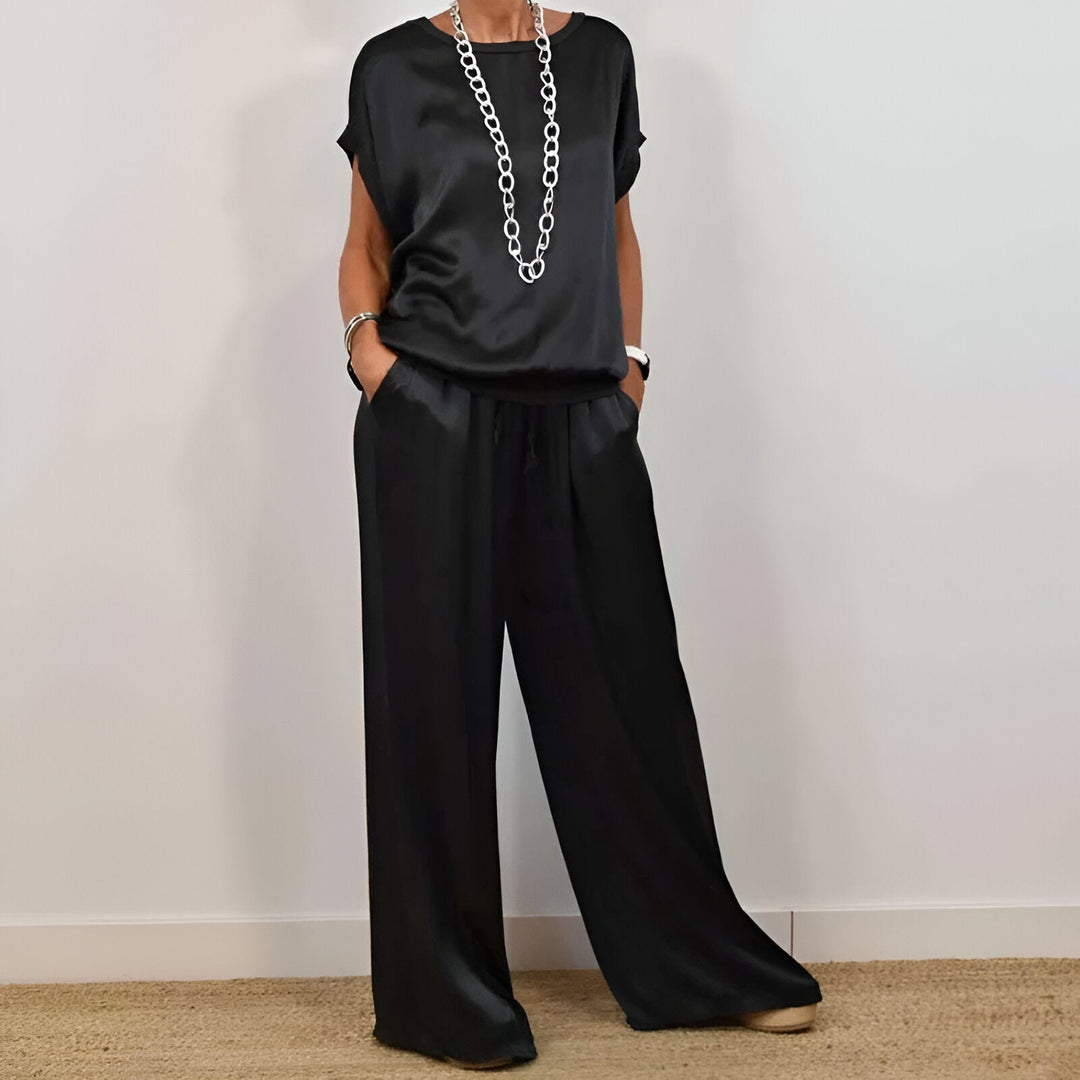 Women’s Two-Piece Set – Relaxed Fit – Wide-Leg Pants – Drawstring Waist
