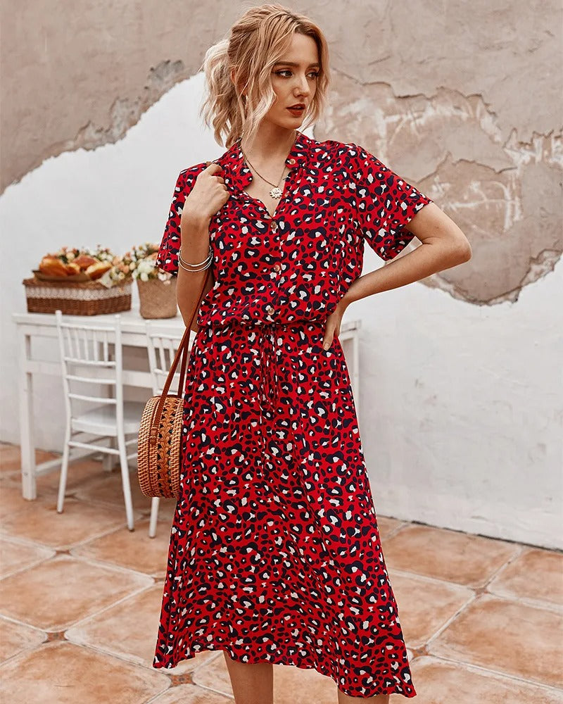 Women’s Midi Dress - Relaxed Fit - Breathable Blend - Button Front - Adjustable Waist