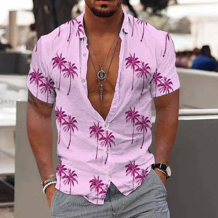Men’s Button-Down Shirt – Natural Fibers – Relaxed Fit – Tropical Print – Short Sleeve