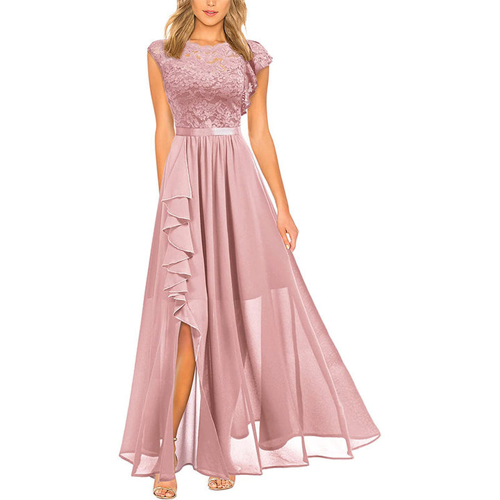 Women's Evening Dress – Sleeveless Lace Bodice – Ruffle Hem – A-Line Silhouette