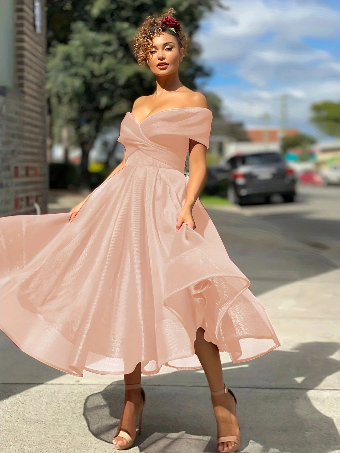 Women's Off-Shoulder Midi Dress - Elegant A-Line - Fitted Waist - Formal Occasion