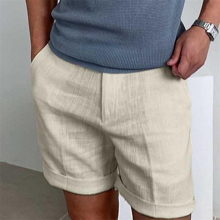Men’s Casual Shorts – Relaxed Fit – Cotton-Linen – Cuffed Hem – Flat Front