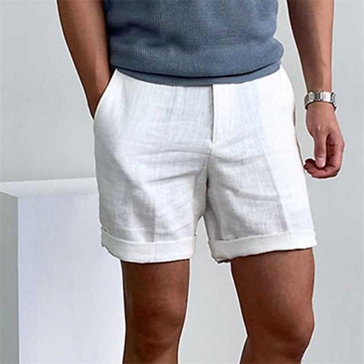 Men’s Casual Shorts – Relaxed Fit – Cotton-Linen – Cuffed Hem – Flat Front
