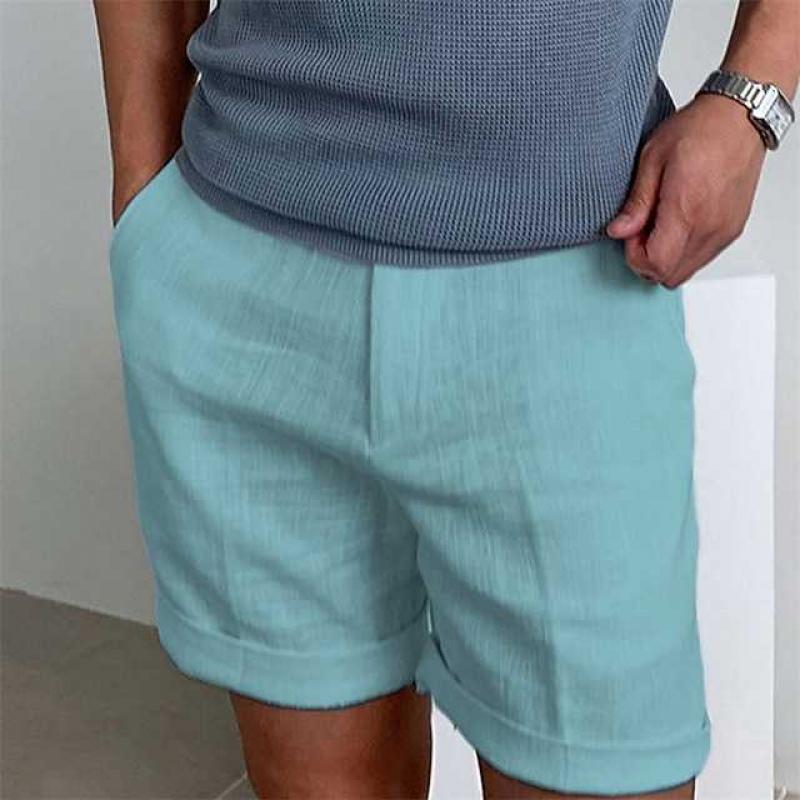 Men’s Casual Shorts – Relaxed Fit – Cotton-Linen – Cuffed Hem – Flat Front