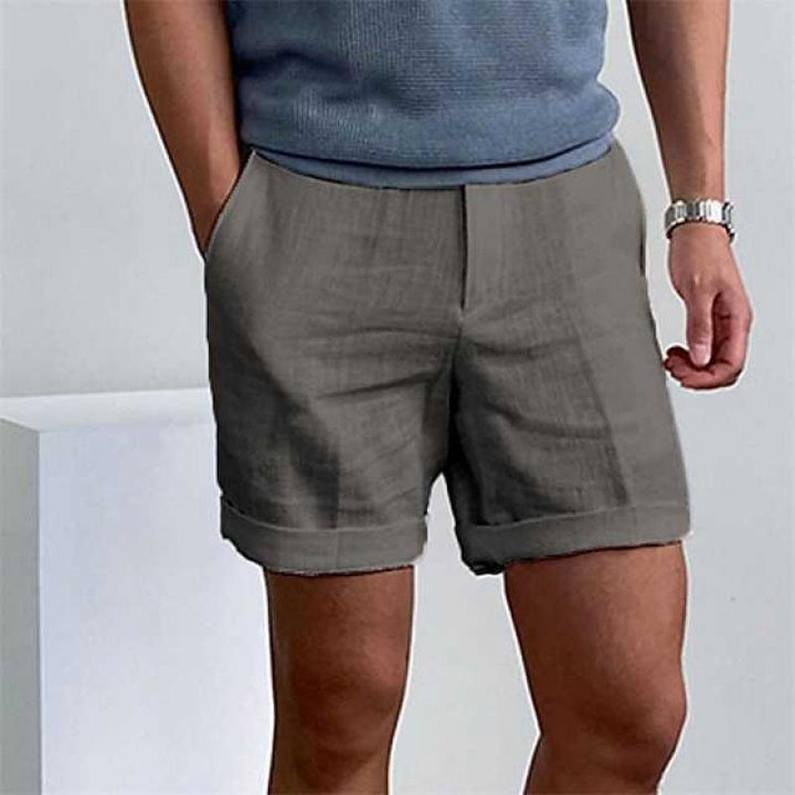Men’s Casual Shorts – Relaxed Fit – Cotton-Linen – Cuffed Hem – Flat Front