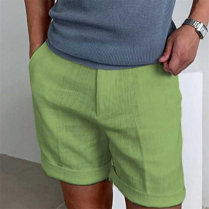 Men’s Casual Shorts – Relaxed Fit – Cotton-Linen – Cuffed Hem – Flat Front