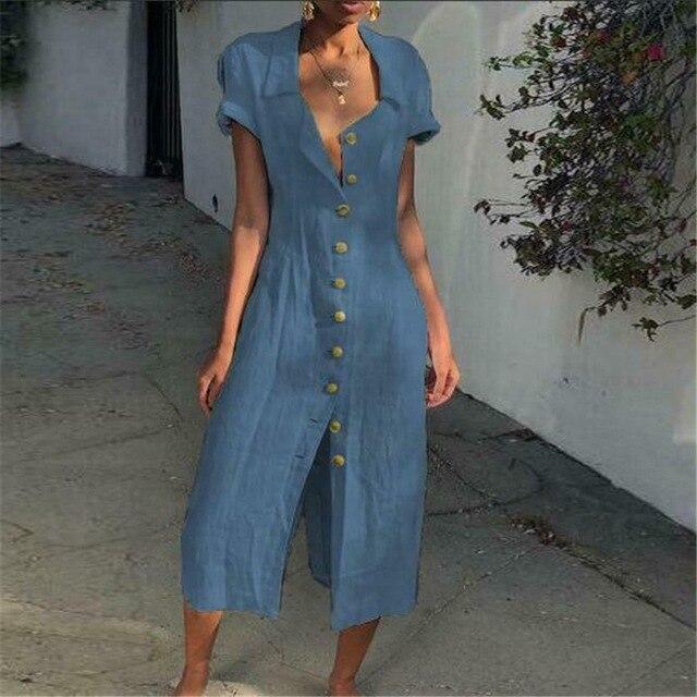 Women’s Midi Dress - Relaxed Fit - Button-Down Front - Short Sleeve - Breathable Blend