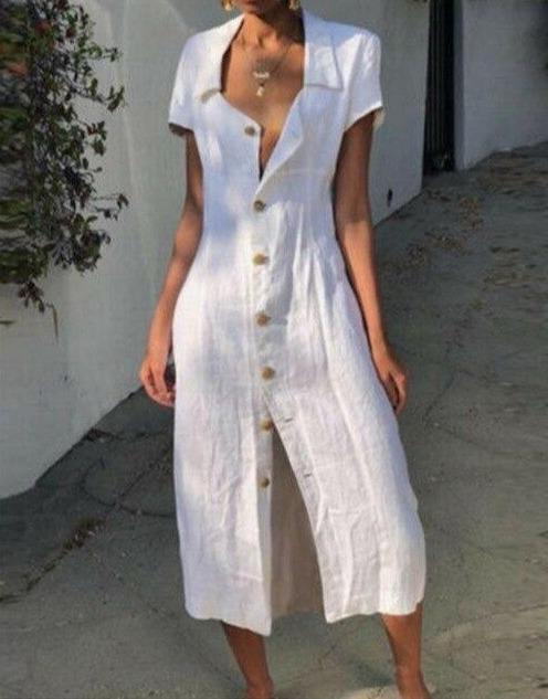 Women’s Midi Dress - Relaxed Fit - Button-Down Front - Short Sleeve - Breathable Blend