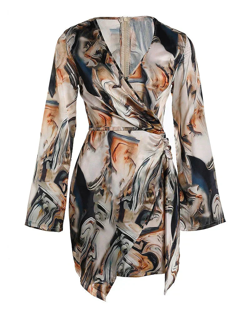 Women's Wrap Dress - V-Neck - Long Sleeve - Text Print - Elegant Fit