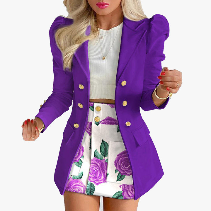 Women's Tailored Blazer - Double-Breasted - Padded Shoulders - Gold Button Closure