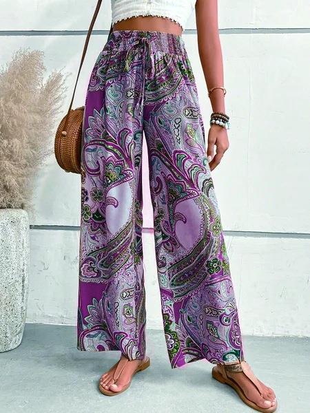 Women’s Wide-Leg Pants – Bohemian Print – High Waist – Tie Belt – Lightweight Fit