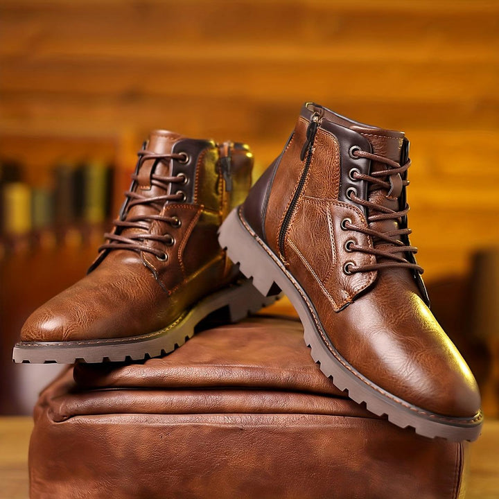 Men’s Leather Ankle Boots – Lace-Up with Zipper – Rugged Rubber Sole – Casual Durable Fit