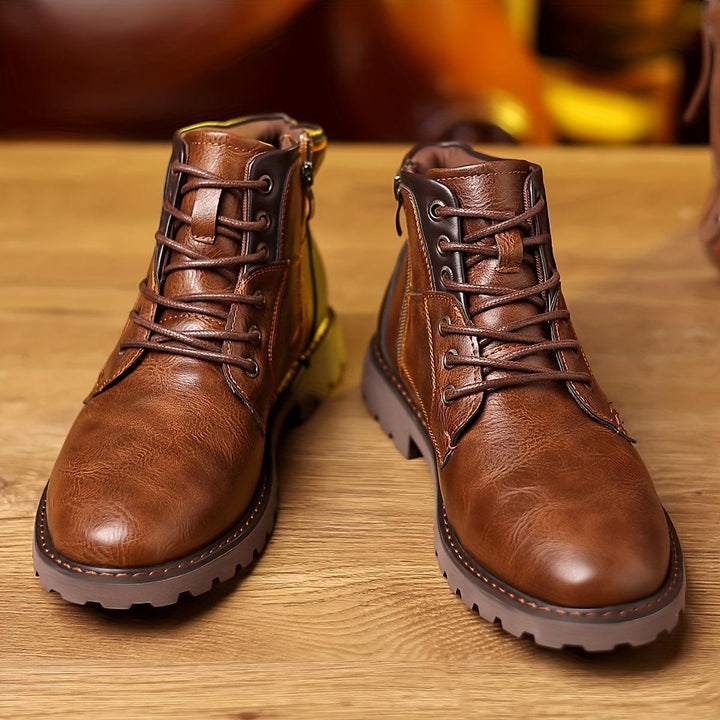 Men’s Leather Ankle Boots – Lace-Up with Zipper – Rugged Rubber Sole – Casual Durable Fit