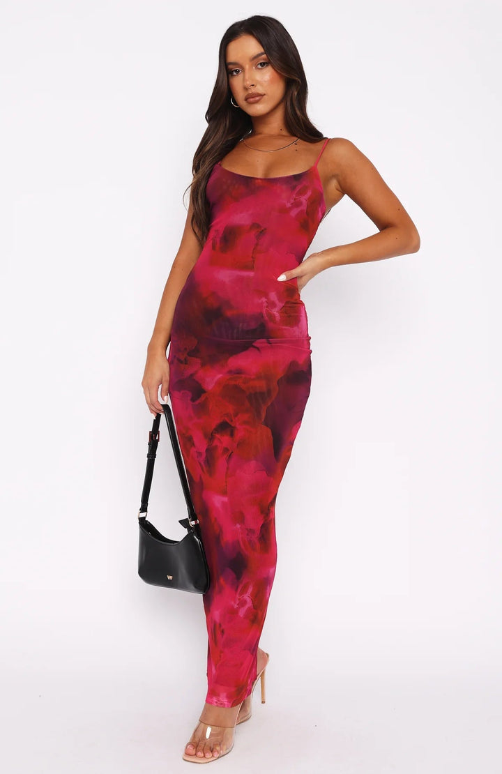 Women’s Maxi Dress – Slim Fit – Spaghetti Straps – Floral Print – Stretch Fabric