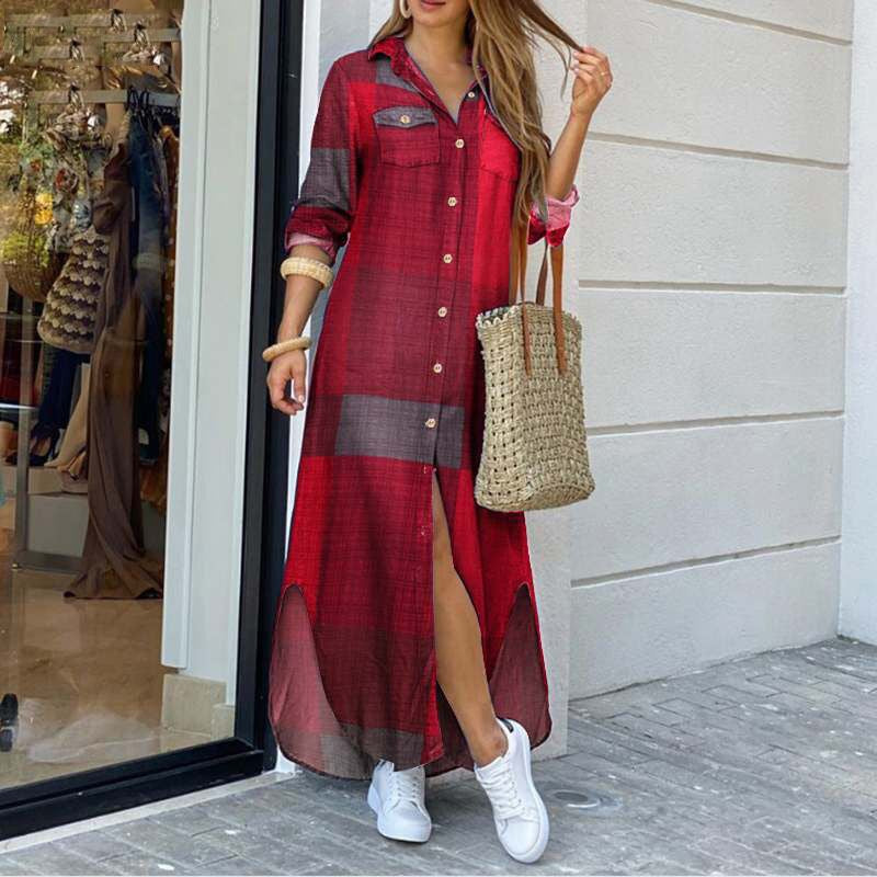 Women's Maxi Shirt Dress - Button-Down - Three-Quarter Sleeves - Plaid Pattern