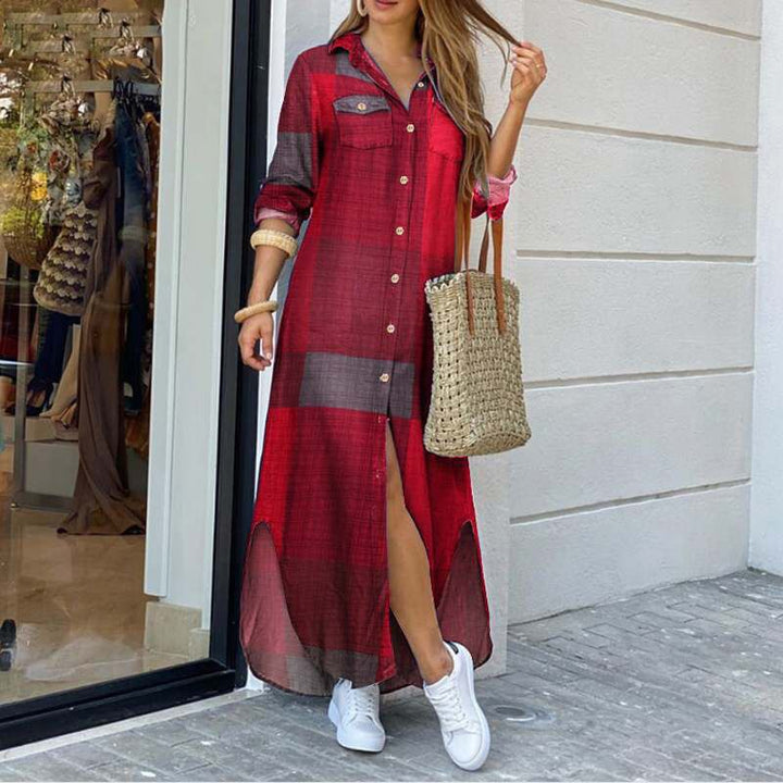 Women's Maxi Shirt Dress - Button-Down - Three-Quarter Sleeves - Plaid Pattern