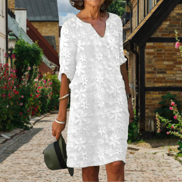 Women’s Knee-Length Dress – Relaxed Fit – V-Neck – Elbow Sleeve – Floral Embroidered – Breathable Blend