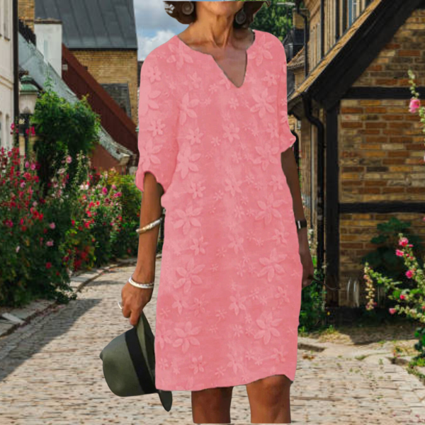 Women’s Knee-Length Dress – Relaxed Fit – V-Neck – Elbow Sleeve – Floral Embroidered – Breathable Blend